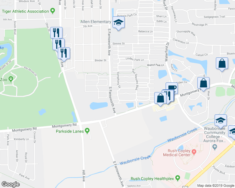map of restaurants, bars, coffee shops, grocery stores, and more near 837 Symphony Drive in Aurora