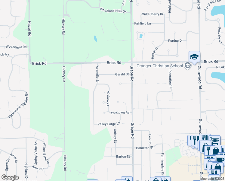 map of restaurants, bars, coffee shops, grocery stores, and more near 52165 Tammy Drive in Granger