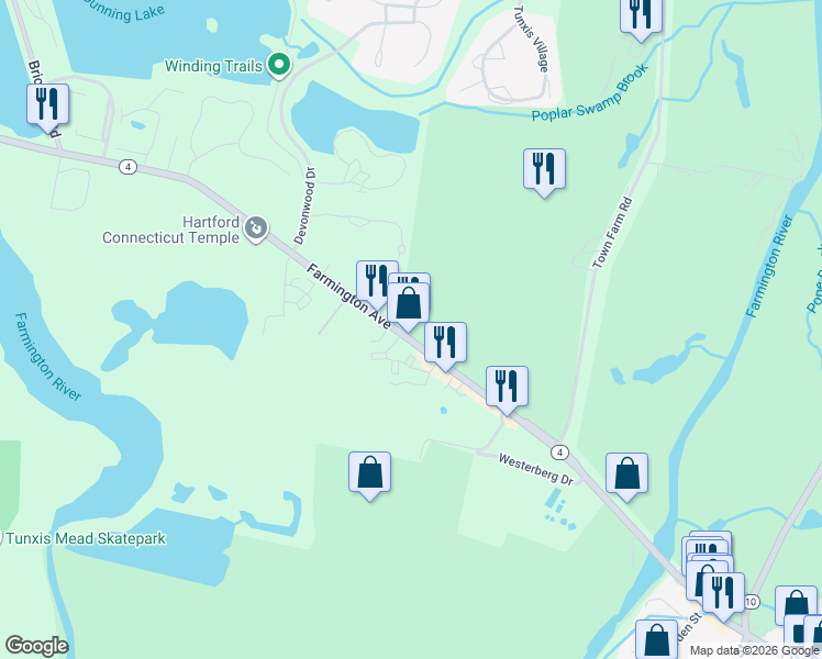 map of restaurants, bars, coffee shops, grocery stores, and more near 1048 Farmington Avenue in Farmington