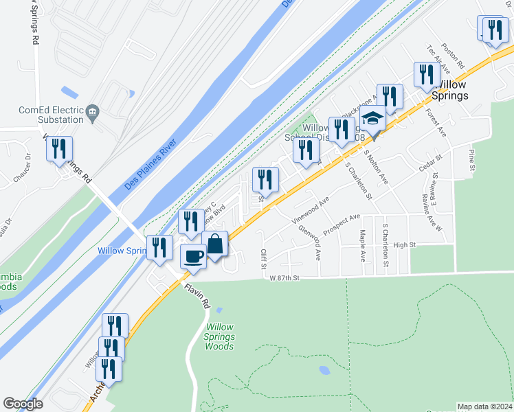 map of restaurants, bars, coffee shops, grocery stores, and more near 103 Cliff Street in Willow Springs