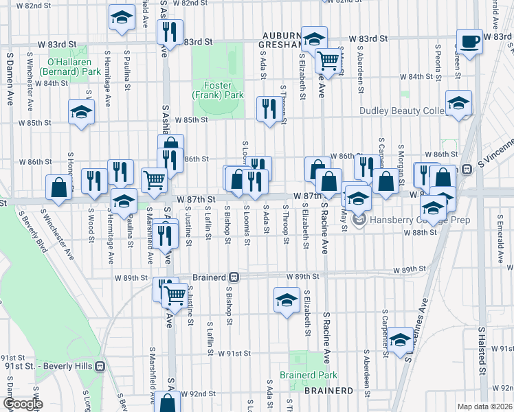 map of restaurants, bars, coffee shops, grocery stores, and more near 1332 West 87th Street in Chicago