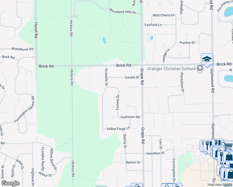 map of restaurants, bars, coffee shops, grocery stores, and more near 52165 Tammy Drive in Granger