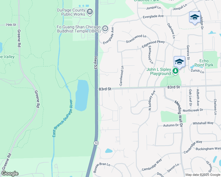 map of restaurants, bars, coffee shops, grocery stores, and more near 3296 83rd Street in Woodridge