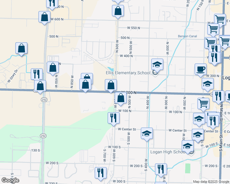 map of restaurants, bars, coffee shops, grocery stores, and more near 602 West 200 North in Logan