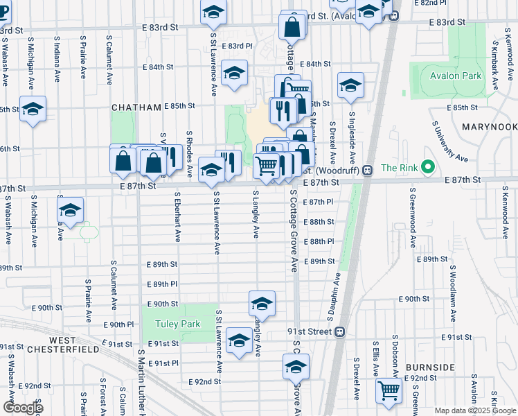 map of restaurants, bars, coffee shops, grocery stores, and more near 8737 South Langley Avenue in Chicago
