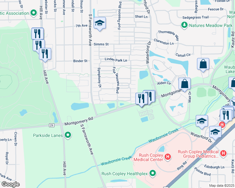 map of restaurants, bars, coffee shops, grocery stores, and more near 1028 Four Seasons Blvd in Aurora