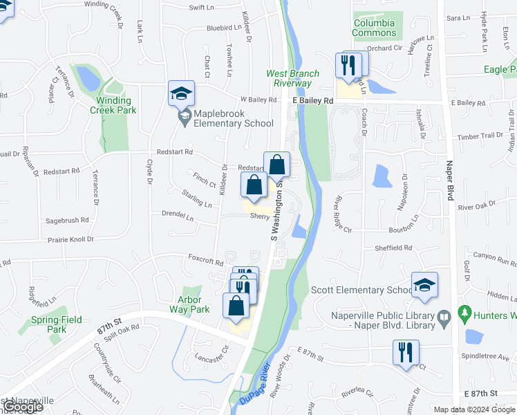 map of restaurants, bars, coffee shops, grocery stores, and more near 1807 South Washington Street in Naperville