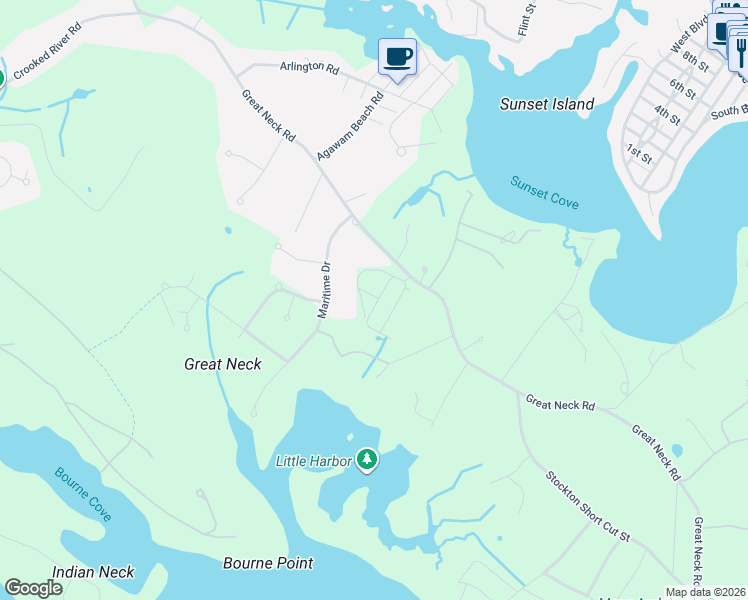 map of restaurants, bars, coffee shops, grocery stores, and more near 155 Great Neck Road in Wareham