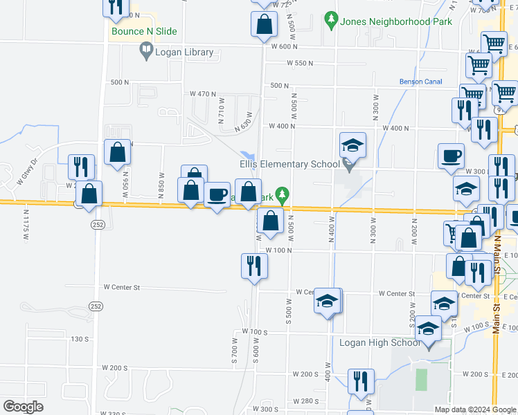 map of restaurants, bars, coffee shops, grocery stores, and more near 200 North 600 West in Logan