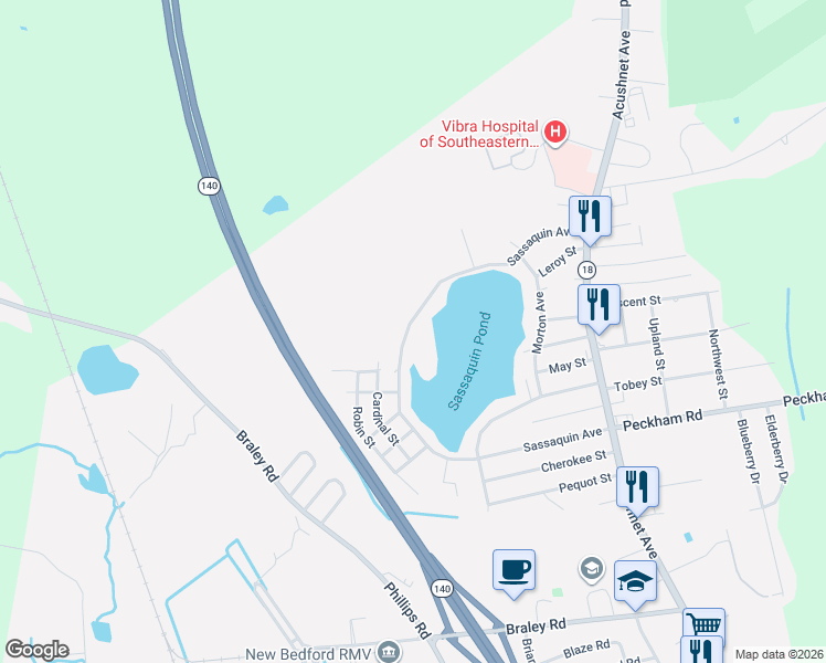 map of restaurants, bars, coffee shops, grocery stores, and more near 1354 Sassaquin Avenue in New Bedford