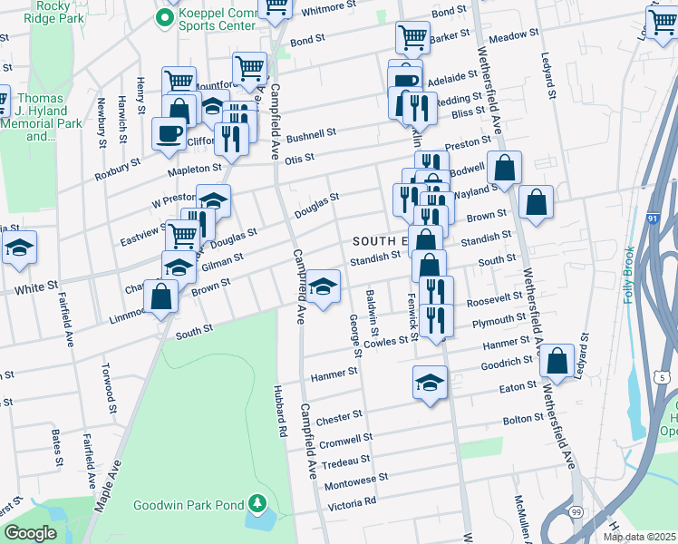map of restaurants, bars, coffee shops, grocery stores, and more near 190 Standish Street in Hartford