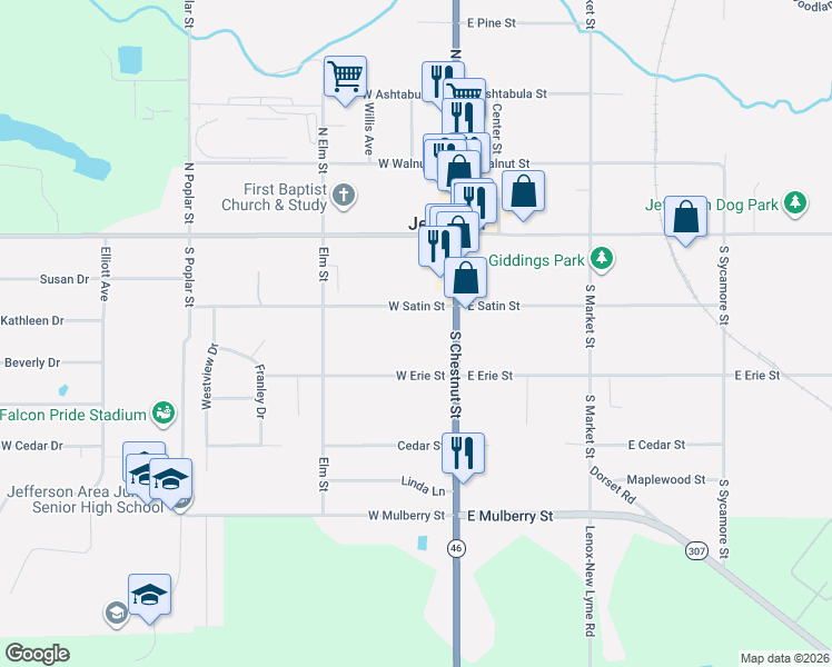 map of restaurants, bars, coffee shops, grocery stores, and more near 107 South Chestnut Street in Jefferson