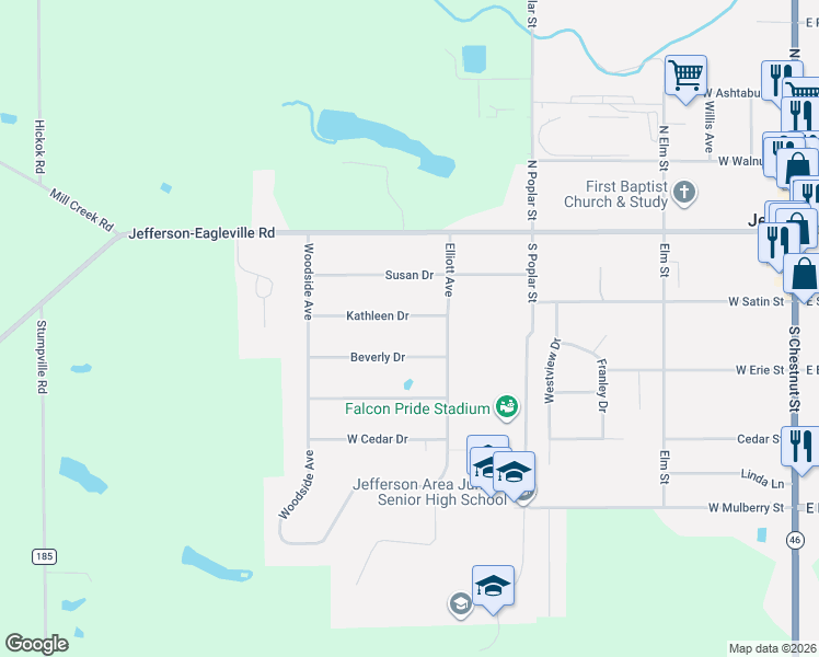 map of restaurants, bars, coffee shops, grocery stores, and more near 315 Kathleen Drive in Jefferson