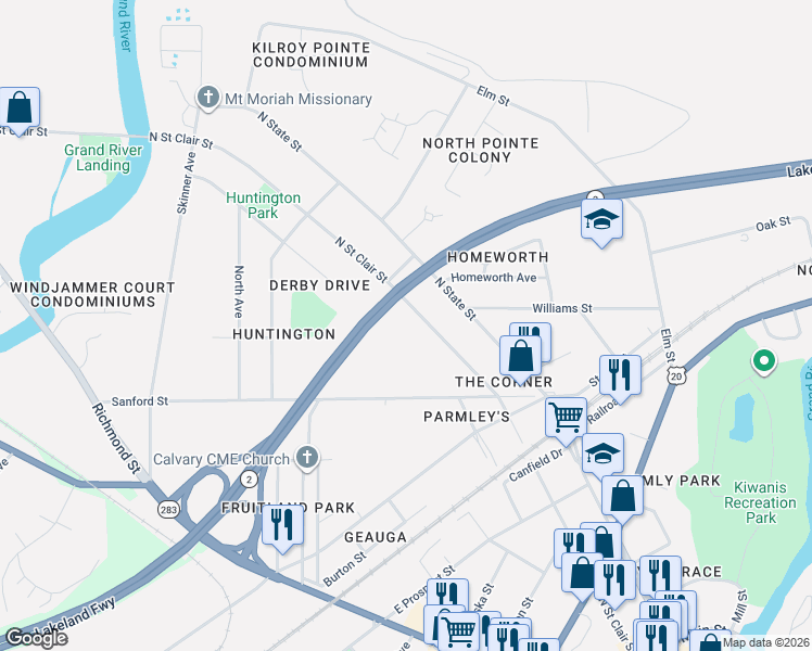 map of restaurants, bars, coffee shops, grocery stores, and more near 695 North Saint Clair Street in Painesville