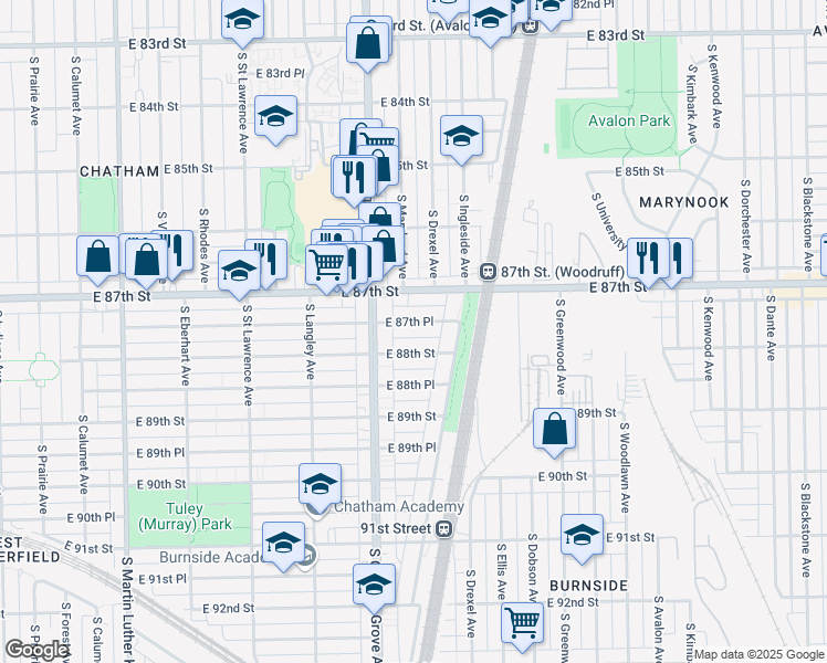 map of restaurants, bars, coffee shops, grocery stores, and more near 844 East 87th Place in Chicago