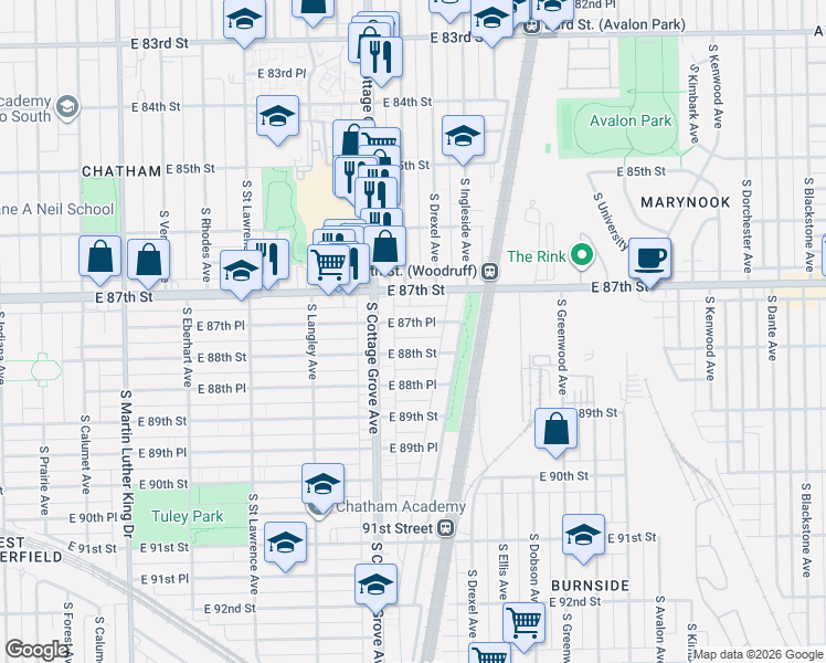 map of restaurants, bars, coffee shops, grocery stores, and more near 844 East 87th Place in Chicago