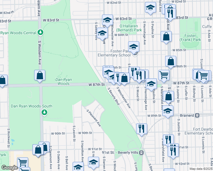 map of restaurants, bars, coffee shops, grocery stores, and more near 1942 West 87th Street in Chicago
