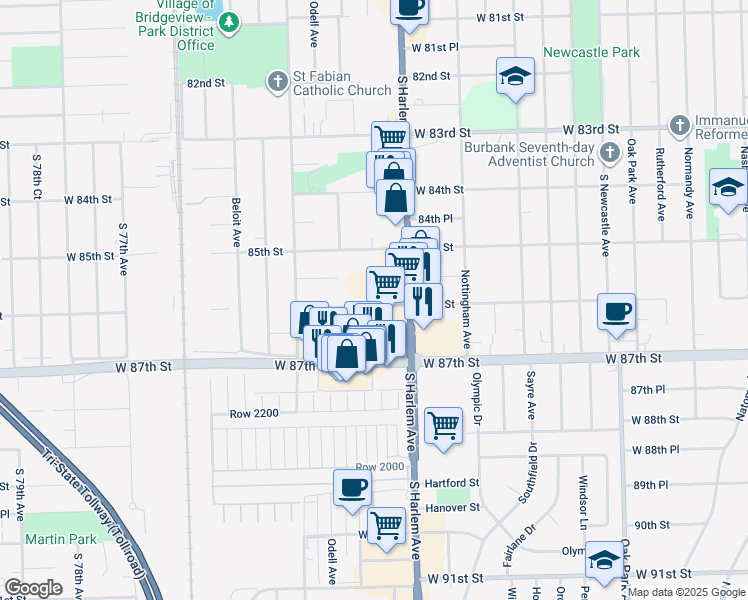 map of restaurants, bars, coffee shops, grocery stores, and more near 8540 South Harlem Avenue in Bridgeview