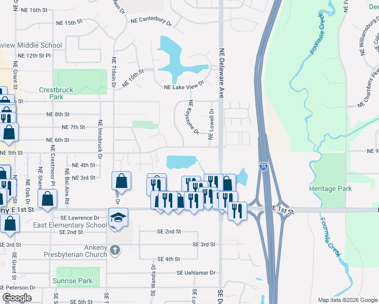 map of restaurants, bars, coffee shops, grocery stores, and more near 906 Northeast 5th Street in Ankeny