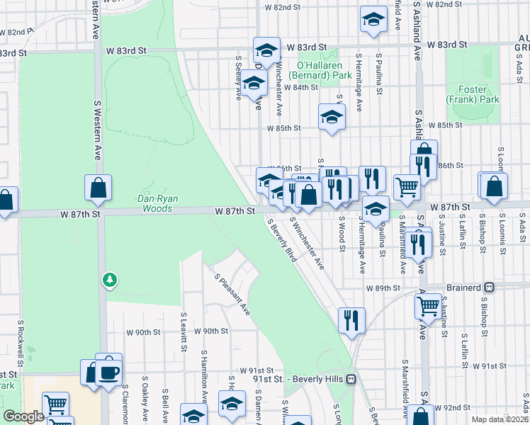 map of restaurants, bars, coffee shops, grocery stores, and more near 1942 West 87th Street in Chicago
