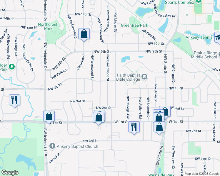 map of restaurants, bars, coffee shops, grocery stores, and more near 412 Northwest Beechwood Street in Ankeny