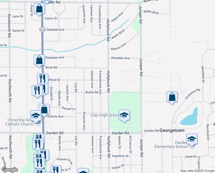 map of restaurants, bars, coffee shops, grocery stores, and more near 52151 Hollyhock Road in South Bend