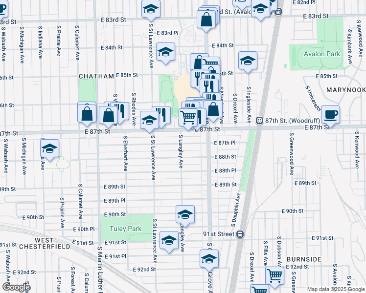 map of restaurants, bars, coffee shops, grocery stores, and more near 8735 South Langley Avenue in Chicago