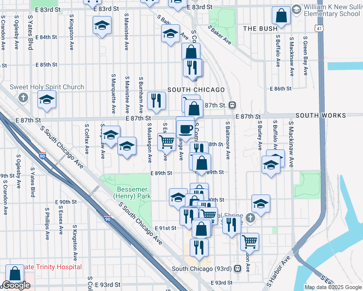 map of restaurants, bars, coffee shops, grocery stores, and more near S Exchange Ave & E 88th St in Chicago