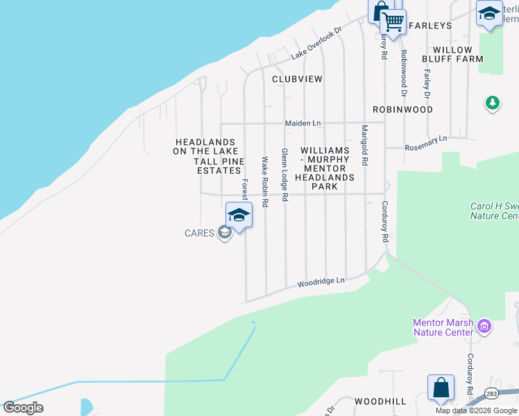 map of restaurants, bars, coffee shops, grocery stores, and more near 4957 Forest Road in Mentor