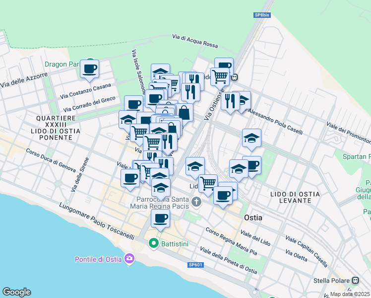 map of restaurants, bars, coffee shops, grocery stores, and more near 81 Viale dei Romagnoli in Lido di Ostia