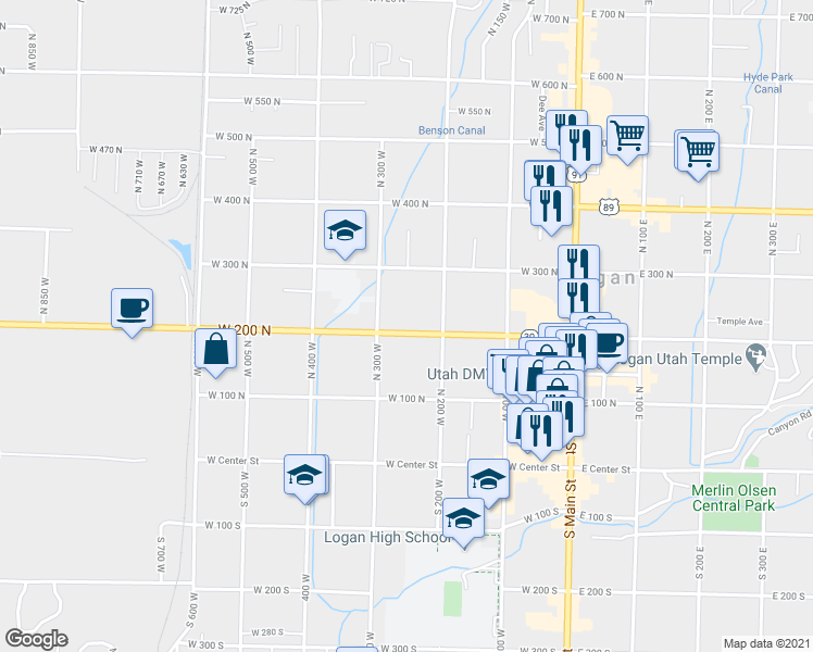 map of restaurants, bars, coffee shops, grocery stores, and more near 255 West 200 North in Logan