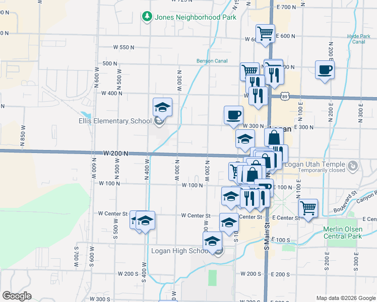 map of restaurants, bars, coffee shops, grocery stores, and more near 265 West 200 North in Logan