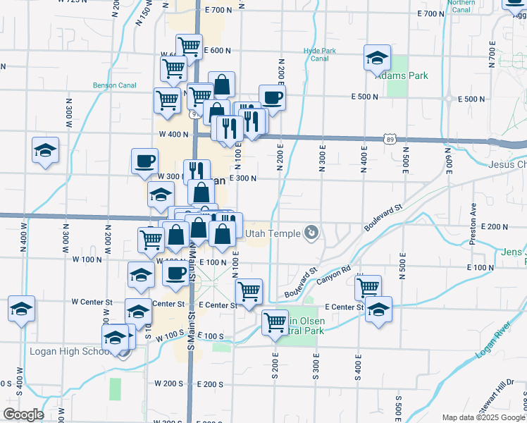 map of restaurants, bars, coffee shops, grocery stores, and more near 240 North 100 East in Logan