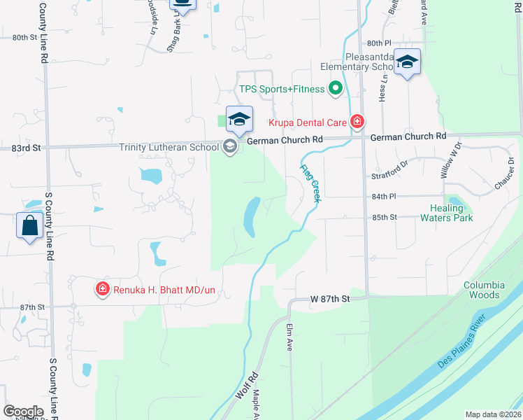 map of restaurants, bars, coffee shops, grocery stores, and more near 8425 Hickory Court in Burr Ridge