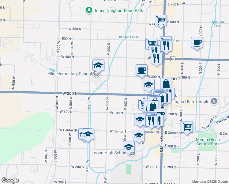 map of restaurants, bars, coffee shops, grocery stores, and more near 265 West 200 North in Logan