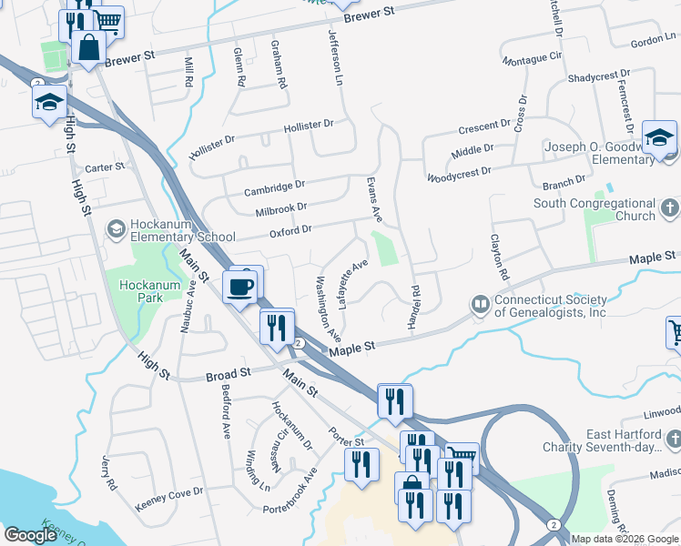 map of restaurants, bars, coffee shops, grocery stores, and more near 67 Lafayette Avenue in East Hartford