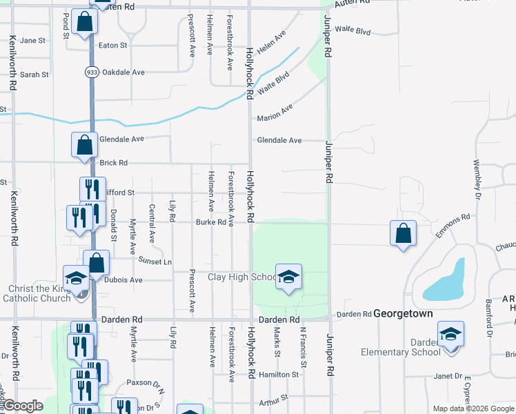 map of restaurants, bars, coffee shops, grocery stores, and more near 52151-52225 Hollyhock Road in South Bend