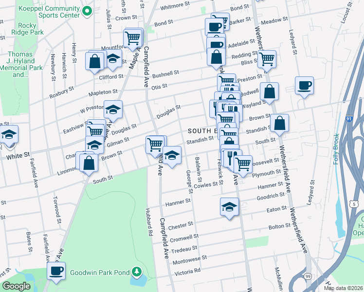 map of restaurants, bars, coffee shops, grocery stores, and more near 190 Standish Street in Hartford