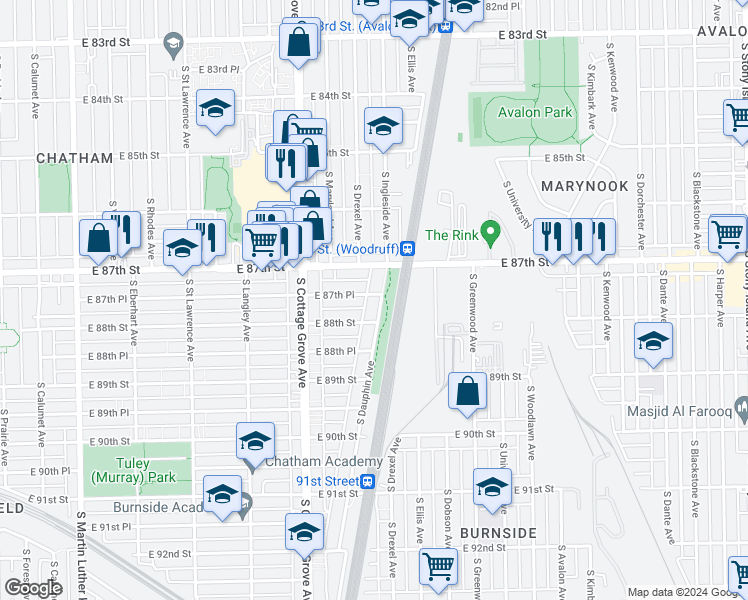 map of restaurants, bars, coffee shops, grocery stores, and more near 877 East 87th Place in Chicago