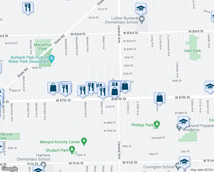 map of restaurants, bars, coffee shops, grocery stores, and more near 8607 Major Avenue in Oak Lawn