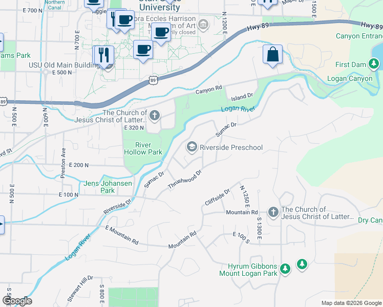 map of restaurants, bars, coffee shops, grocery stores, and more near 1000 Fox Farm Road in Logan