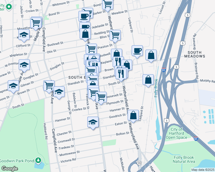 map of restaurants, bars, coffee shops, grocery stores, and more near 54 South Street in Hartford