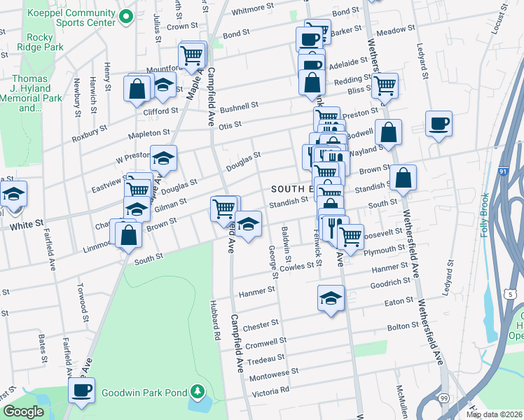 map of restaurants, bars, coffee shops, grocery stores, and more near 190 Standish Street in Hartford