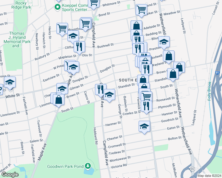 map of restaurants, bars, coffee shops, grocery stores, and more near 190 Standish Street in Hartford