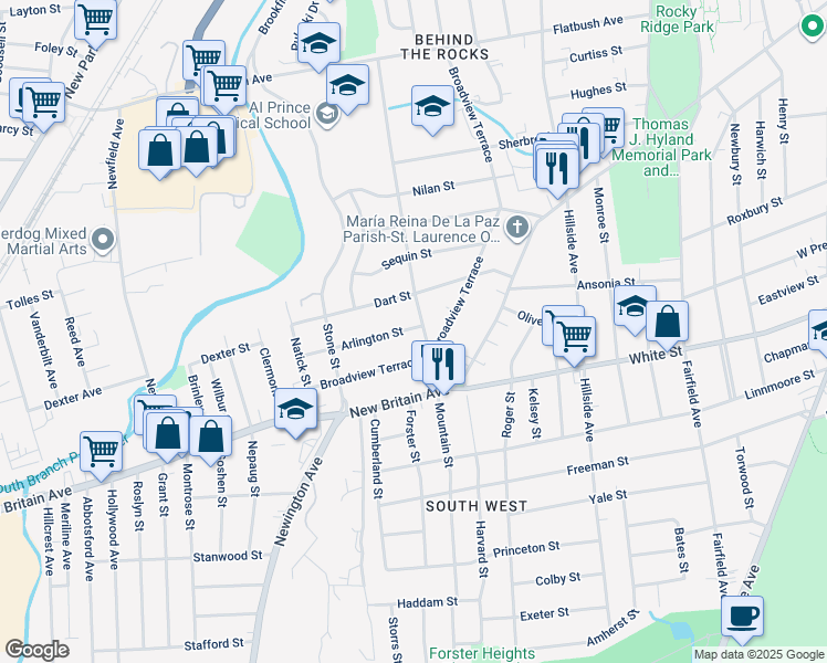 map of restaurants, bars, coffee shops, grocery stores, and more near 10 Arlington Street in Hartford