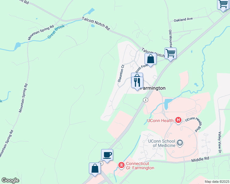 map of restaurants, bars, coffee shops, grocery stores, and more near 6 Talcott Forest Road in Farmington