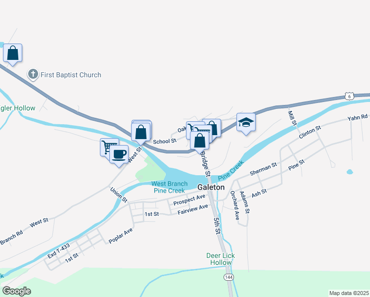 map of restaurants, bars, coffee shops, grocery stores, and more near School Street in Galeton