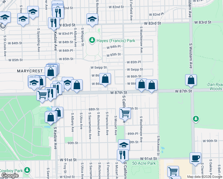 map of restaurants, bars, coffee shops, grocery stores, and more near 8639 South Francisco Avenue in Chicago