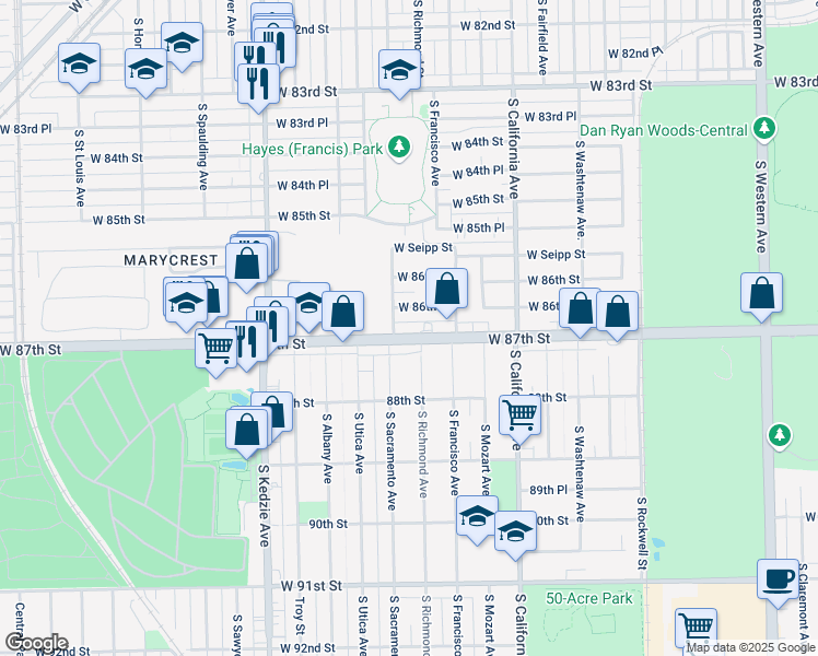 map of restaurants, bars, coffee shops, grocery stores, and more near 2933 West 86th Place in Chicago