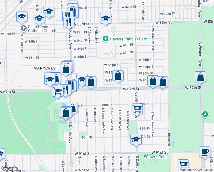 map of restaurants, bars, coffee shops, grocery stores, and more near 2933 West 86th Place in Chicago